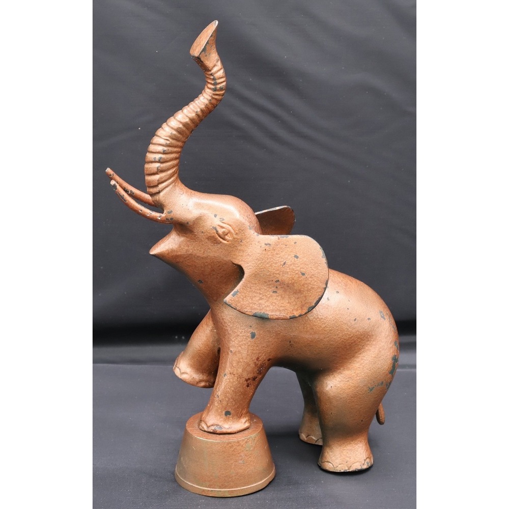 Vintage Bronze Elephant Statue with Raised Trunk on Pedestal Decorative Figurine